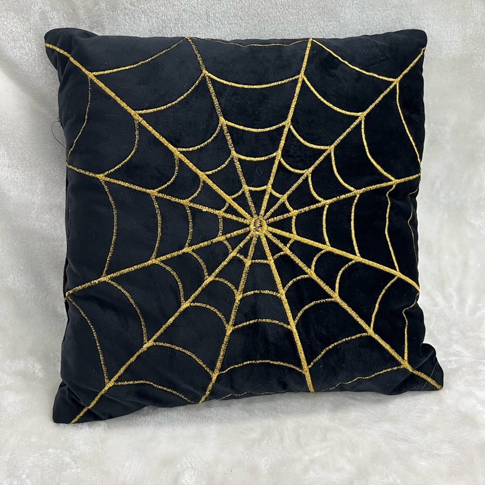 Square Gold Halloween Spiderweb Pillow